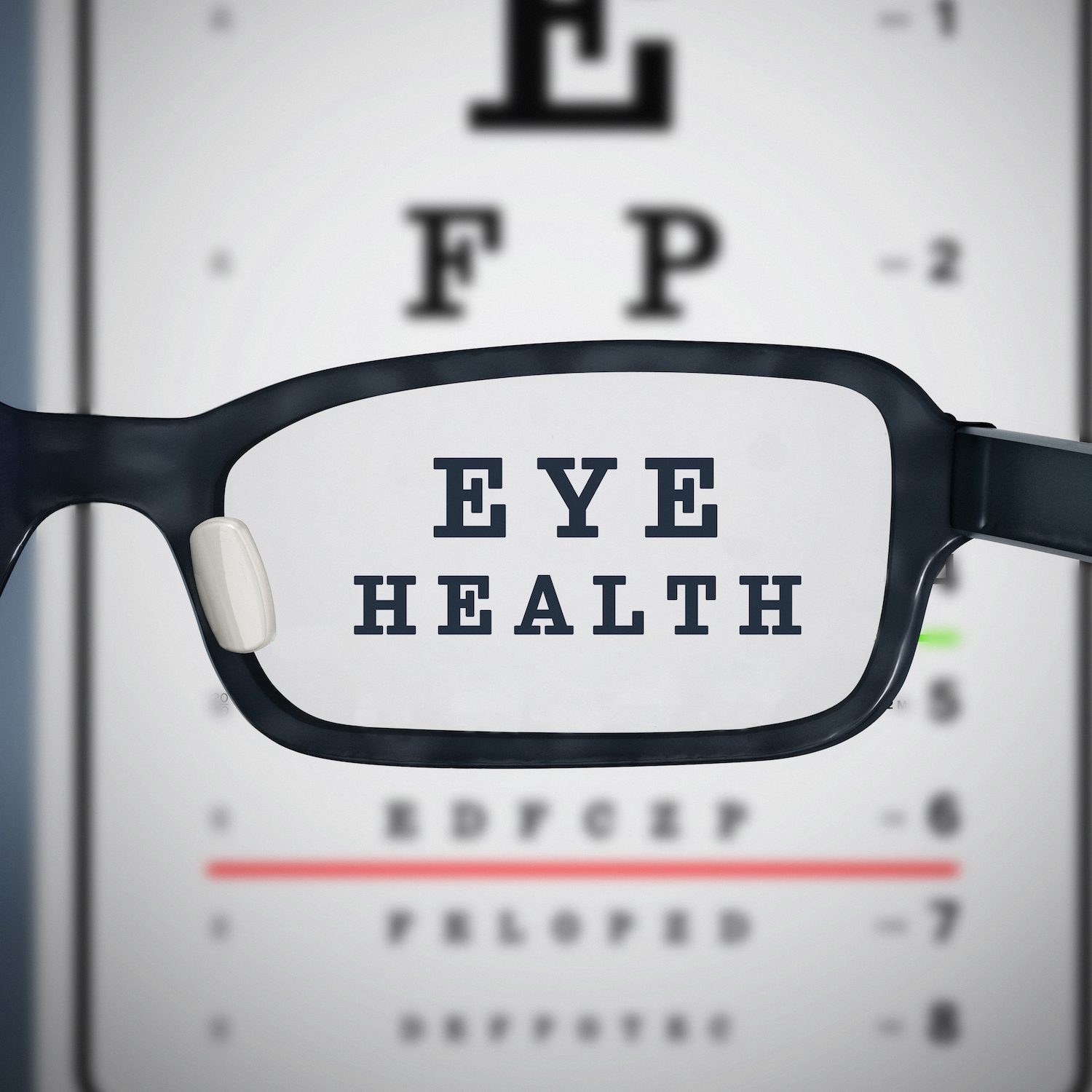 Eye test chart and eyeglasses. 3D illustration.